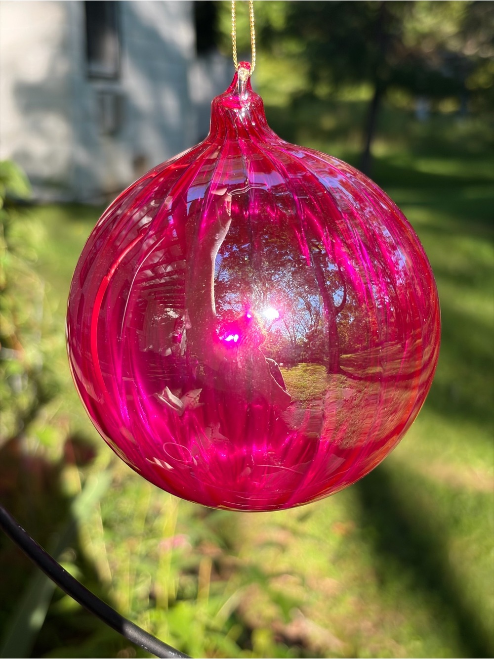 12" D. Transparent Fuchsia Pink Ruby Optic Hand Blown Glass Ornament